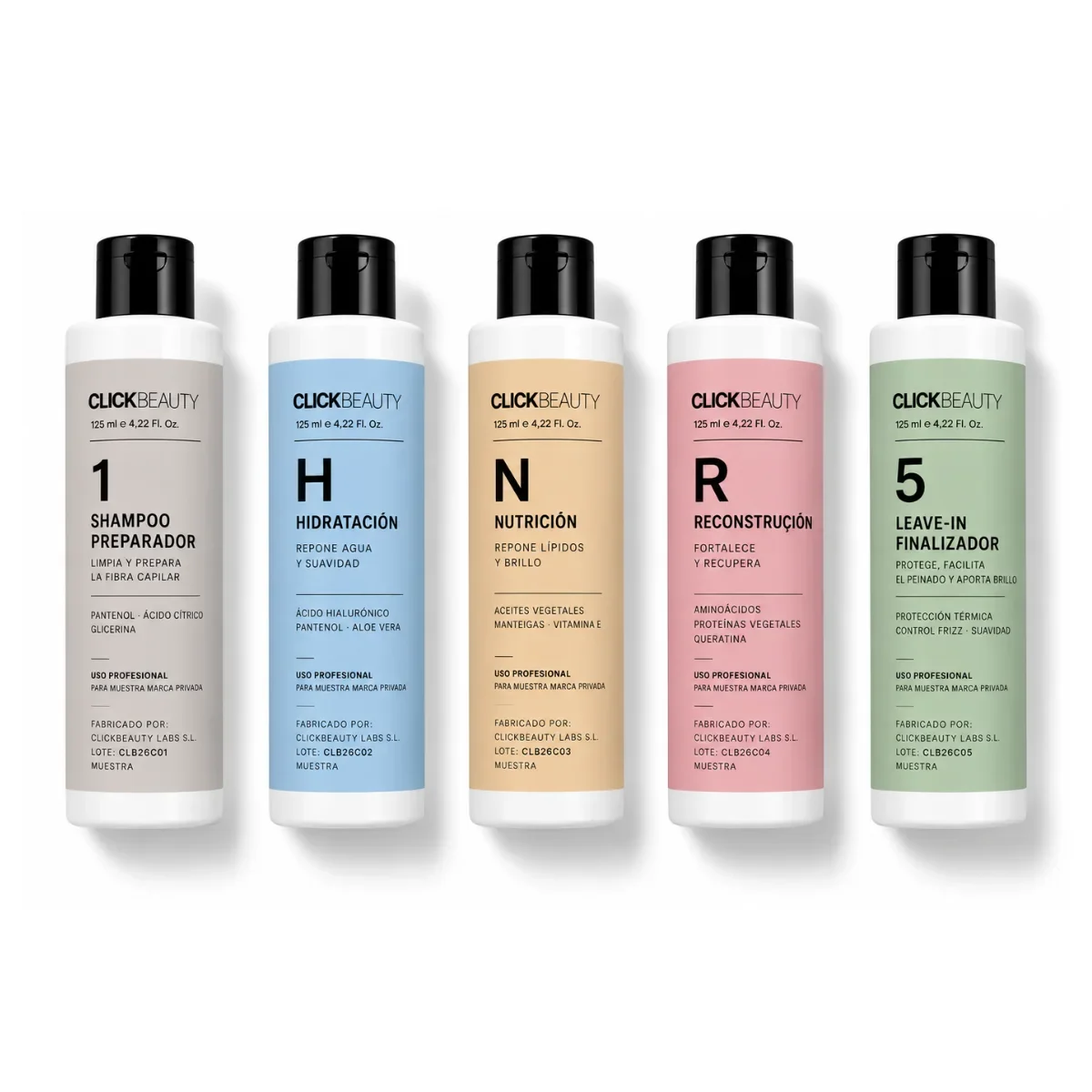 Cronograma Capilar profissional: shampoo preparador 1, hidratação H, nutrição N, reconstrução R e leave-in finalizador 5