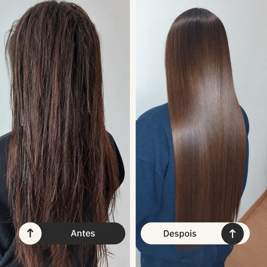 Antes e depois de rotina de Cronograma Capilar em cabelo castanho