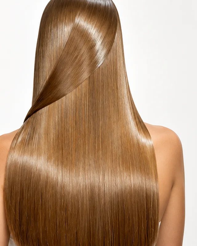 Cabelo comprido, liso e brilhante no ecrã de um portátil — alisamento brasileiro para marca própria