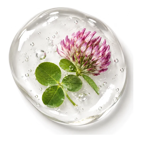 Queda & Ancoragem — gel transparente com flor de trevo vermelho, identidade da linha