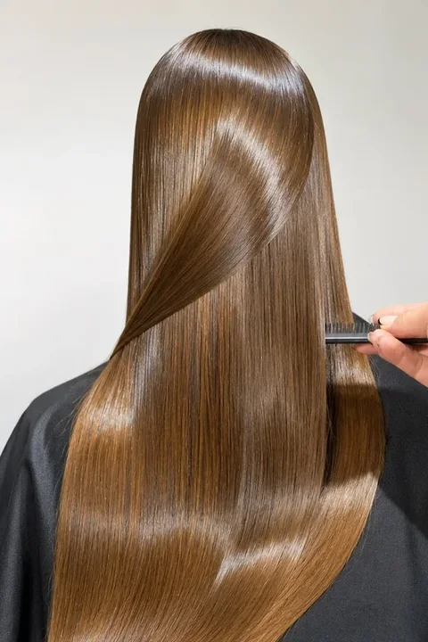 Cabelo comprido e brilhante após tratamento com proteína líquida