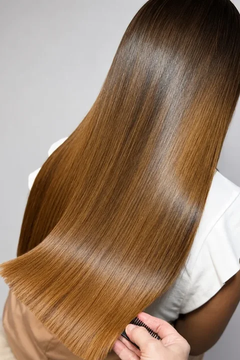 Cabelo castanho brilhante e disciplinado após tratamento com proteína líquida