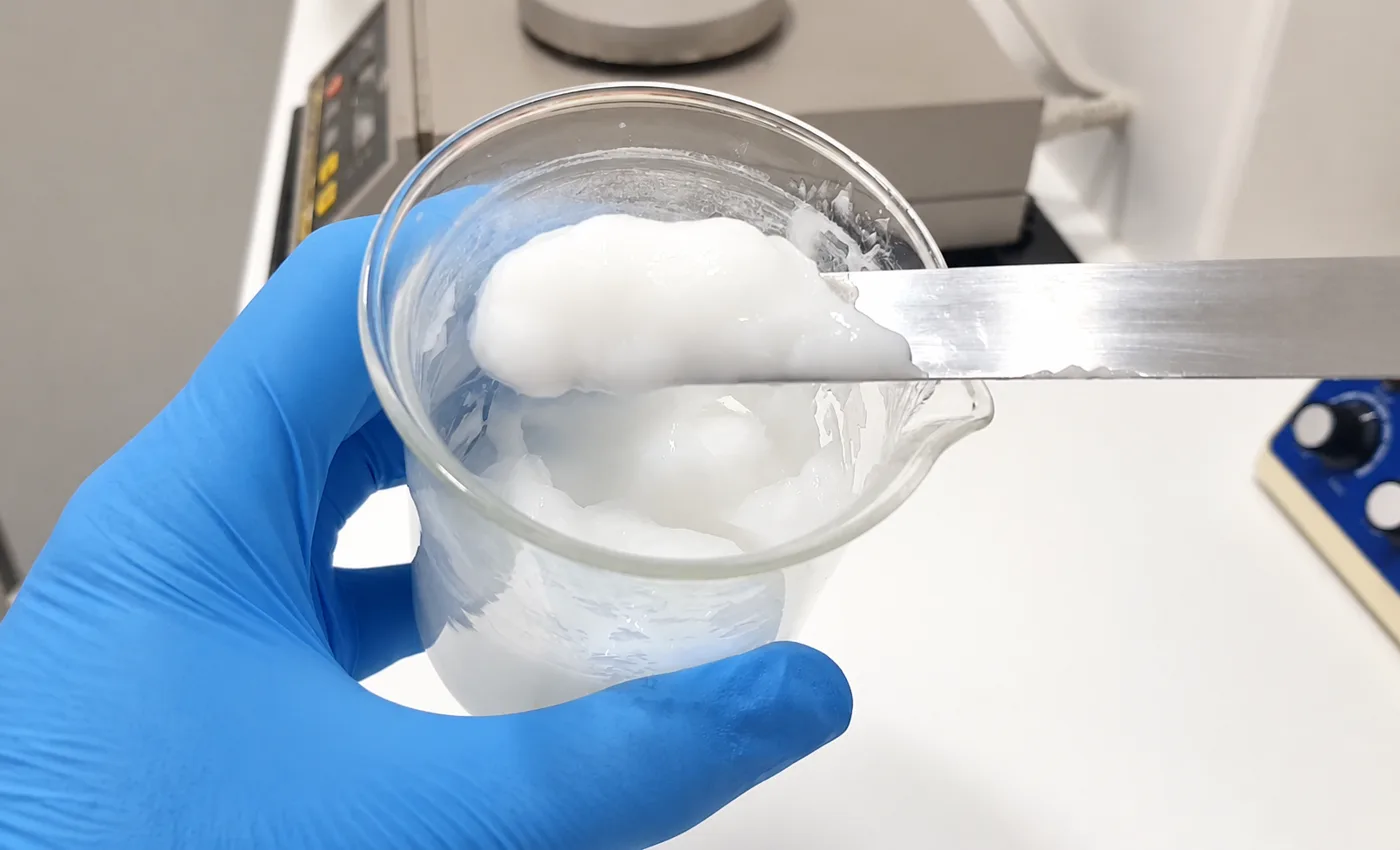 Técnica a trabalhar uma base cosmética no laboratório da fábrica